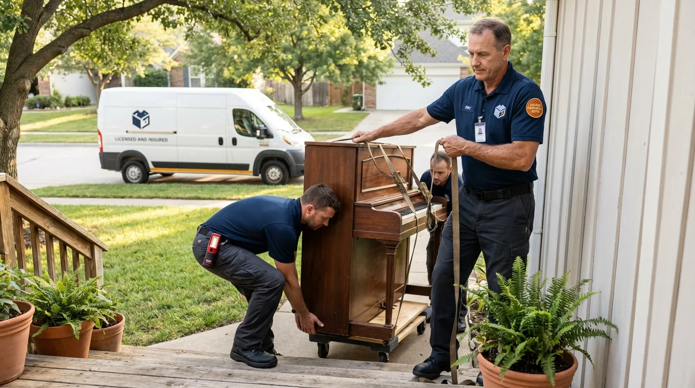 Licensed piano movers securing grand piano in Canton, OH