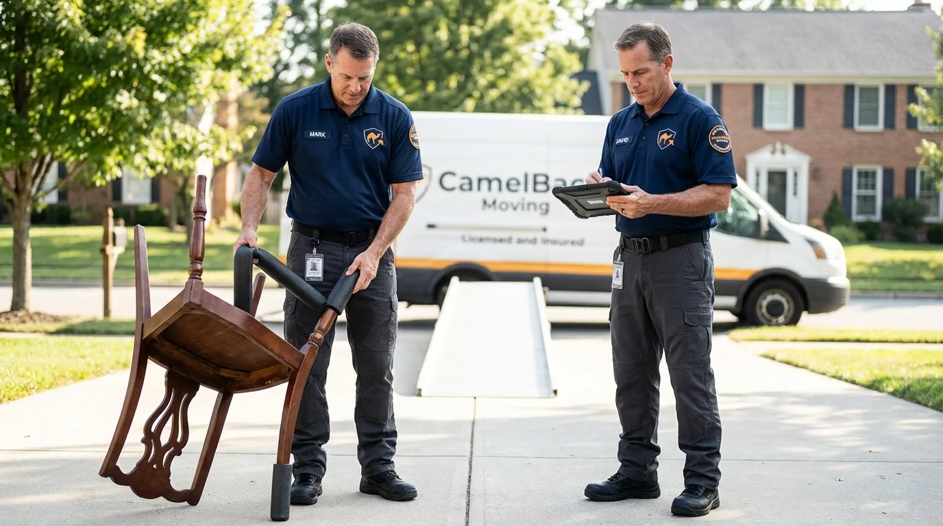 Movers inspecting furniture for damage prevention before loading in Canton, OH